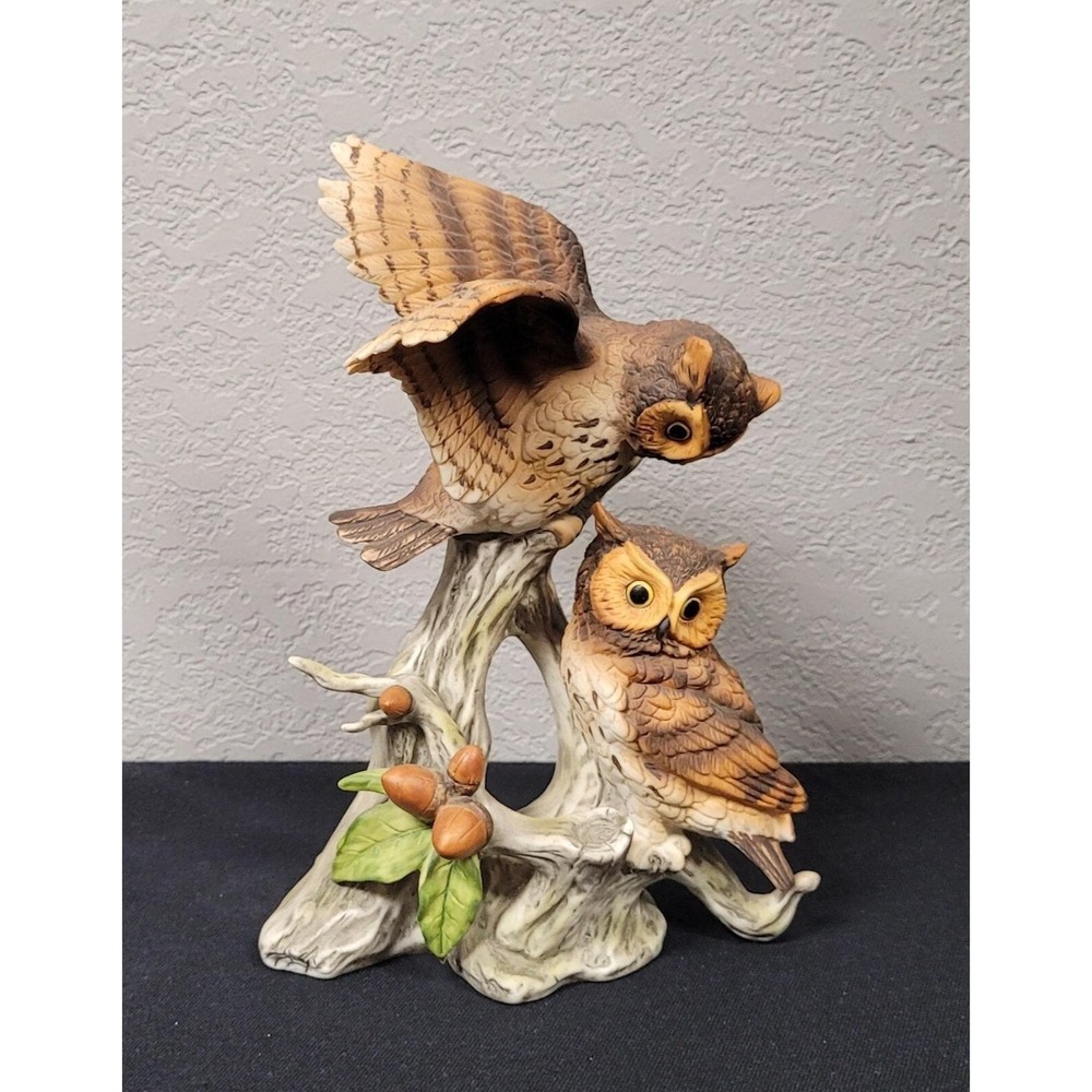 Lefton China Hand-Painted Owls Perched on Wood Figurine #223
